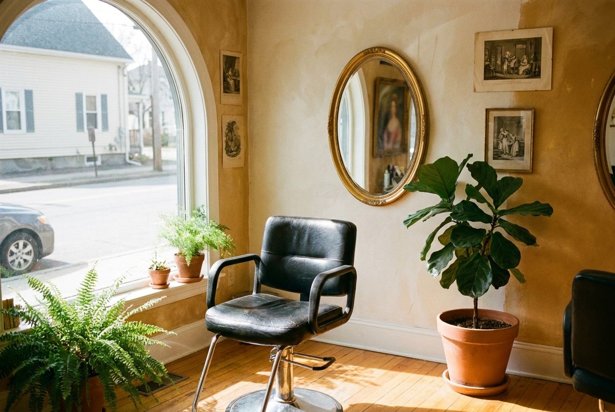A worn leather styling chair catching afternoon light at Domani