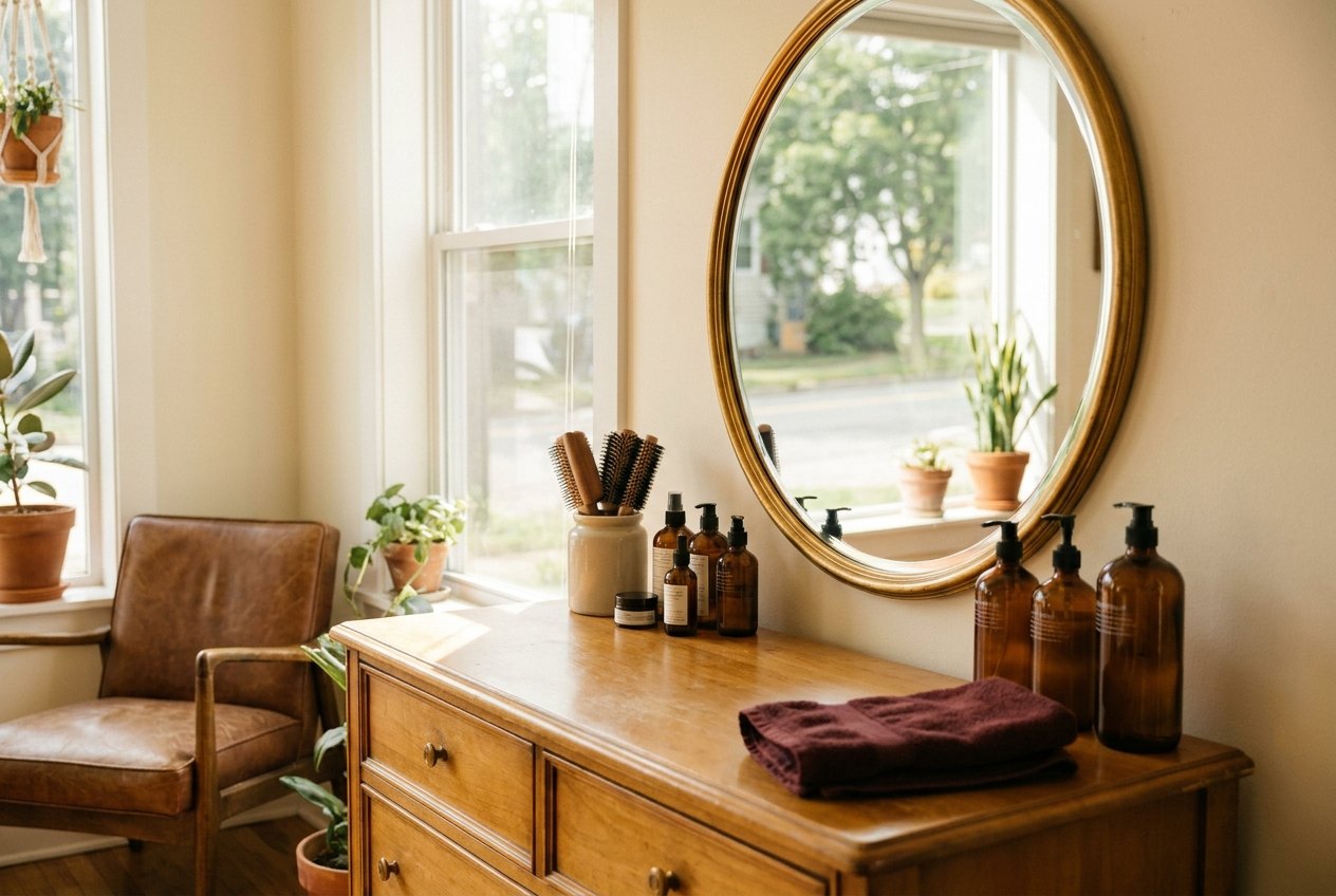 A close, warm detail of the salon's wood and leather finishes