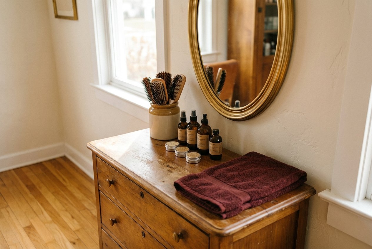 A styling station with mirror, tools laid out and ready for the next guest