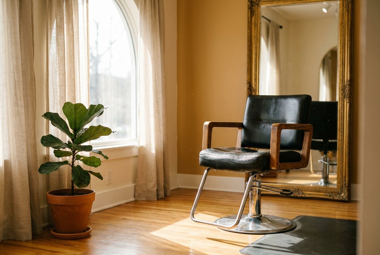 Morning light coming through Domani's front windows onto the salon floor