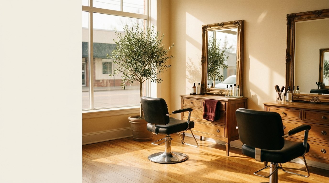 Sunlit view across Domani's salon floor, warm hardwood underfoot and chairs catching the morning light
